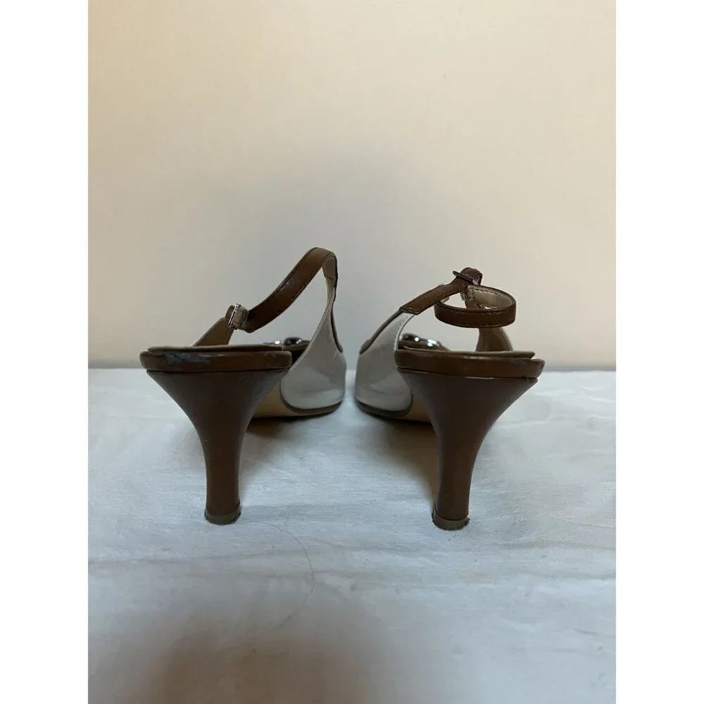 Y2K Vintage Leather Slingback Kitten Heel Spectator Pumps Cap Toe Brown White - Picture 8 of 11